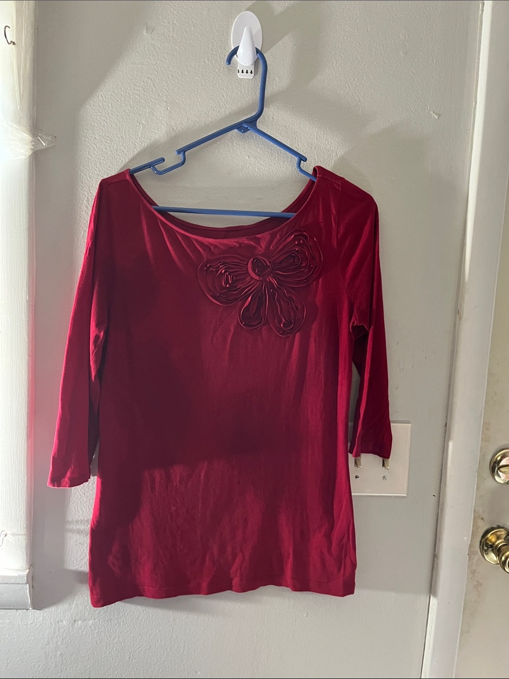 LOFT Burgundy Long Sleeve Scoop Neck Top with Decorative Bow